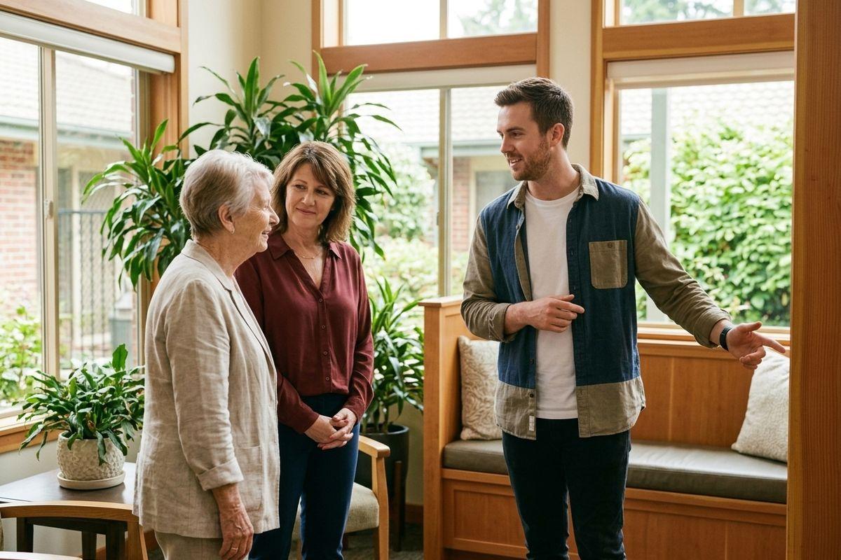 Three adults talking in a sunlit room with plants; one gestures toward a window bench while two listen, smiling.
