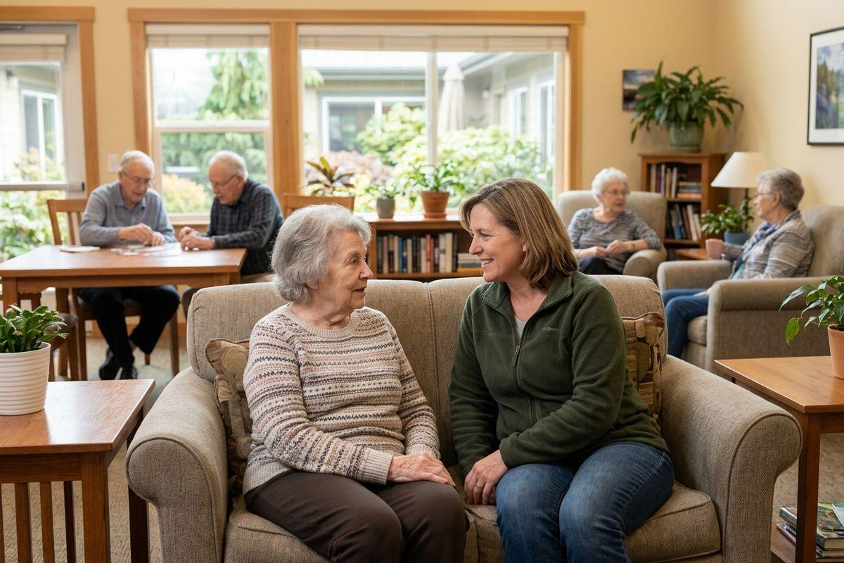 An older adult and a younger adult sit together on a couch in a bright common area.
