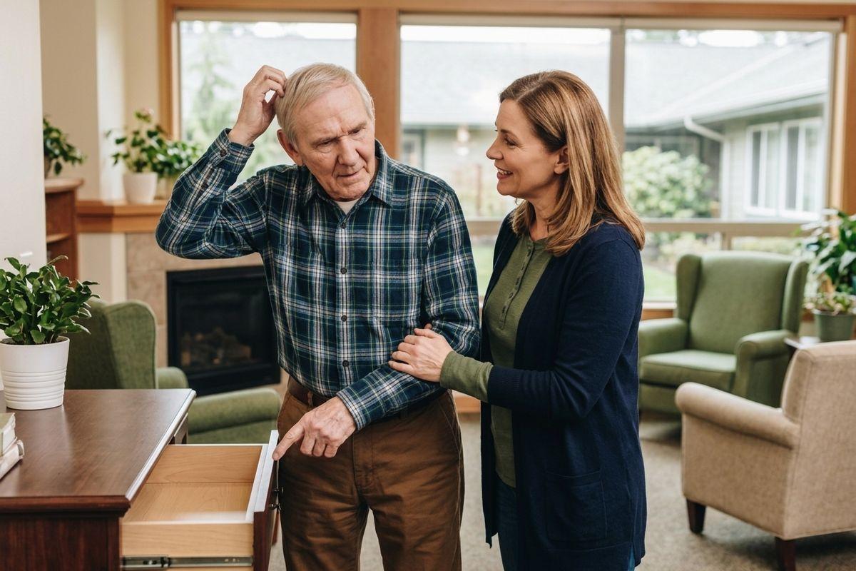 An older adult stands by an open drawer with a younger adult beside them in a living room.