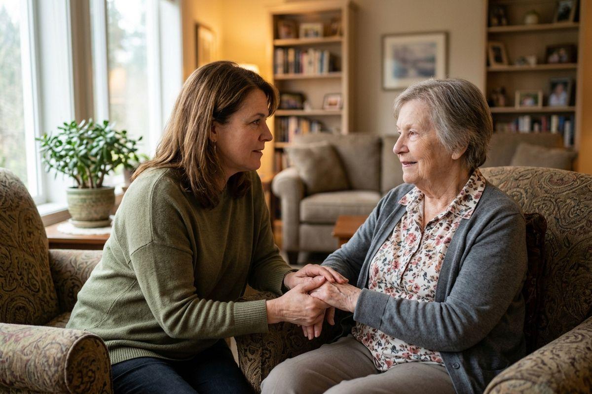 An adult loved one holds an older adult's hands, offering support as they sit together in armchairs in a living room.