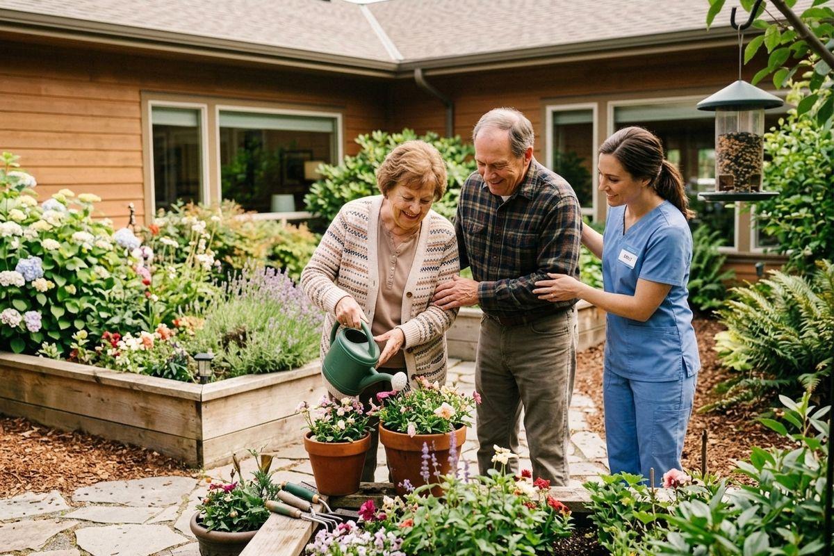 Older adult waters potted flowers with a watering can while a nurse and another older adult watch, smiling, in a garden.