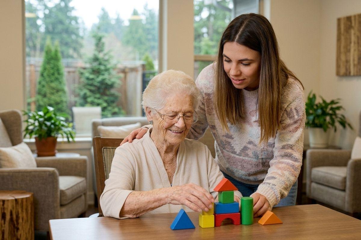 A younger adult assists a smiling older adult person in stacking colorful wooden blocks at a table in a bright living room.