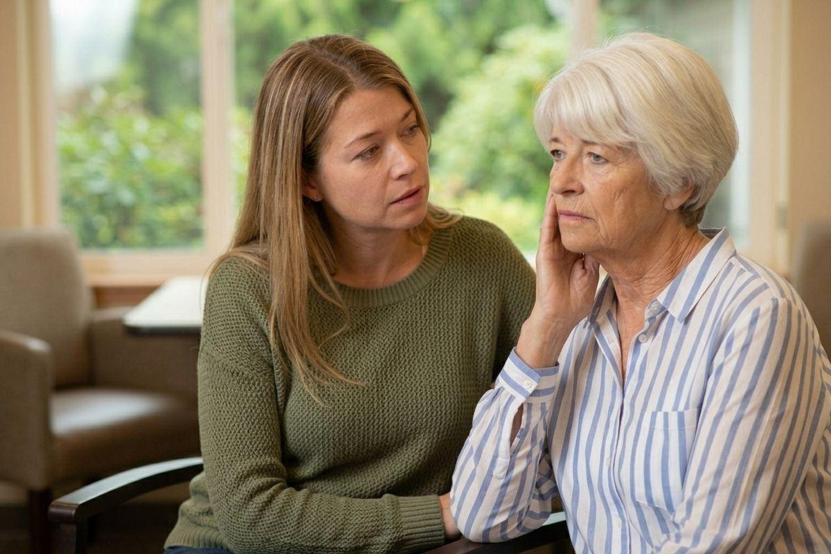 Younger adult looks with concern at an older adult who appears worried, sitting together indoors near a window.