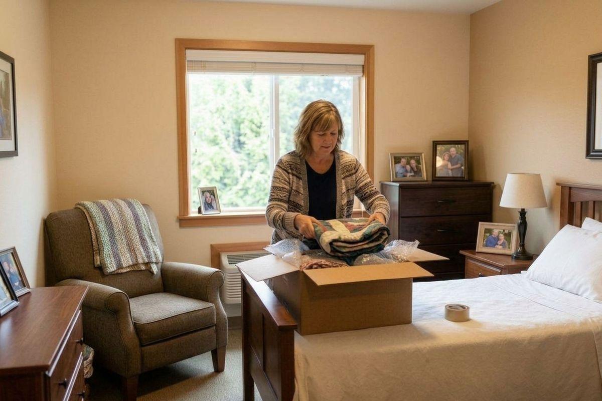 Person packing a folded quilt into a cardboard box in a bedroom, near a bed, dresser, and framed photos.