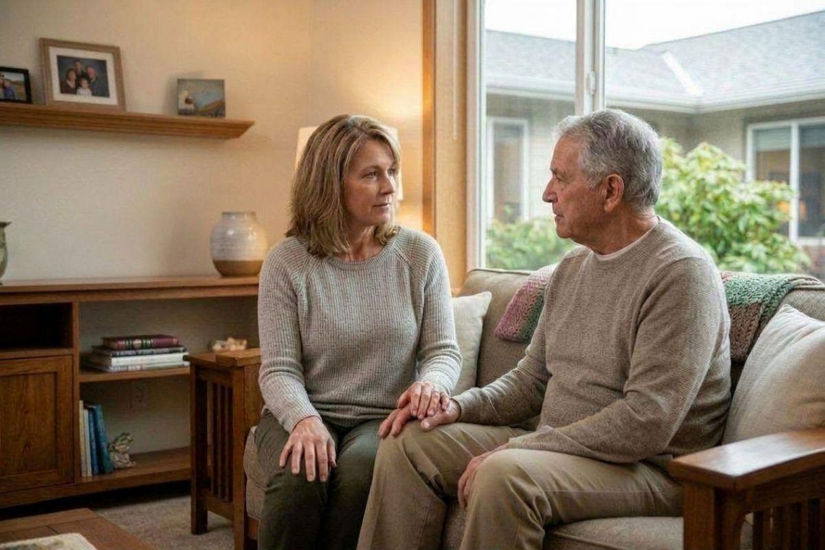 Two adults sitting on a couch, holding hands and looking at each other in a living room by a window